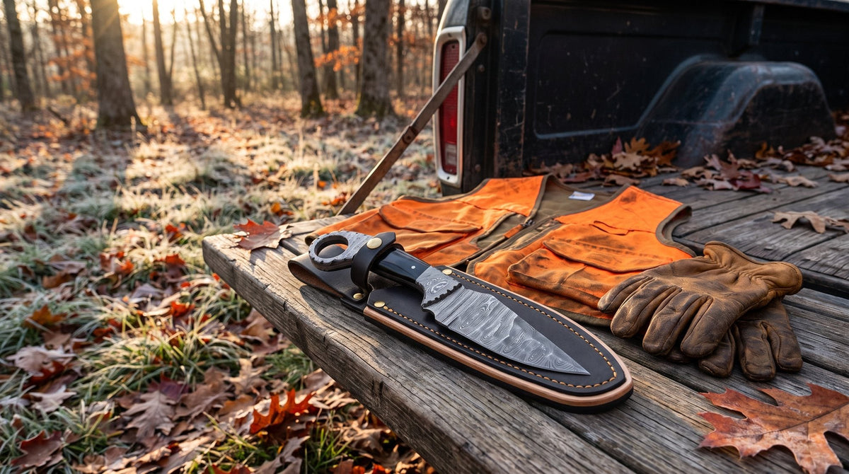 A Damascus skinning knife with a spine gut hook resting on a deer hide at a hunting camp.