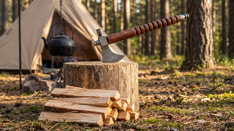 A Damascus camping hatchet with a walnut handle resting on a split log at a campsite.