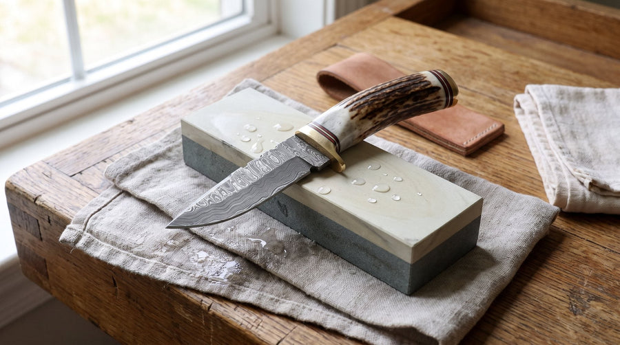 A Damascus hunting knife with a stag handle resting across a wet whetstone on a folded towel on a workbench