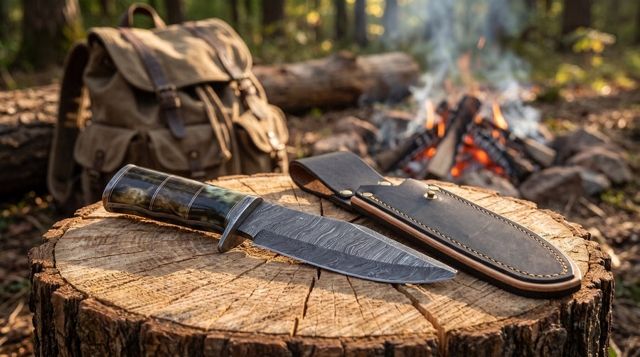 A Damascus bowie knife with a stag handle laid beside a leather sheath at a camp table.