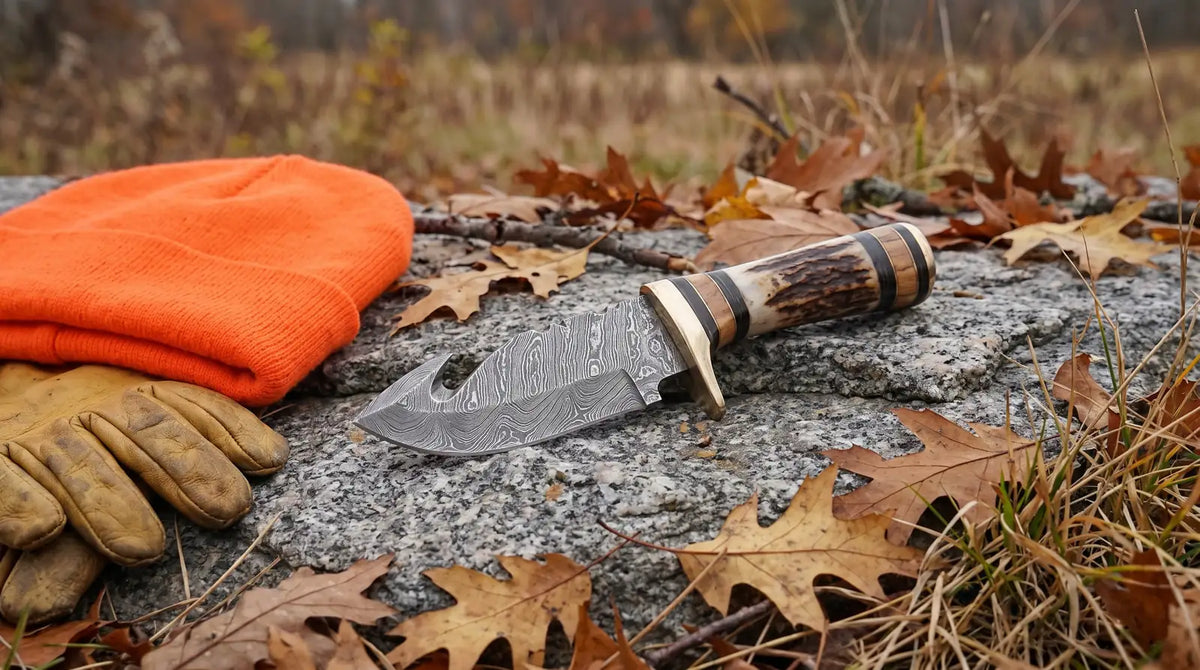 A Damascus gut hook knife with a stag handle on a granite rock beside a blaze orange hat and gloves