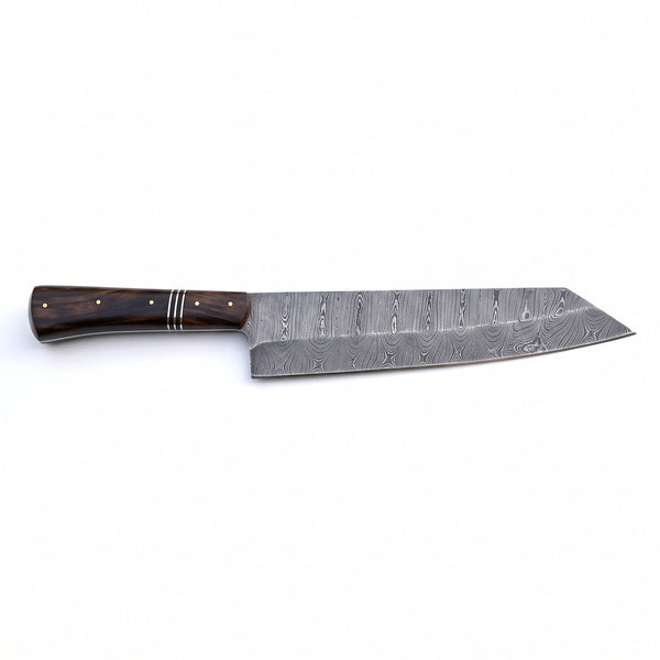 9.75" Damascus Chef Knife | Hardwood & Brass, side profile on white