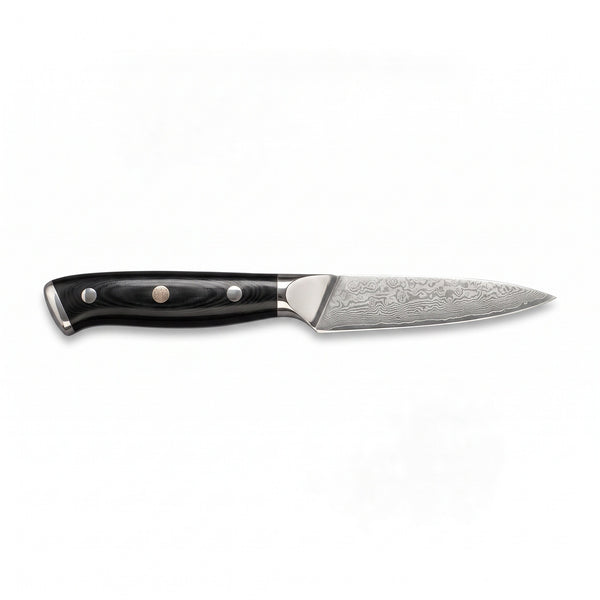 3.5" Damascus Paring Knife | Black Micarta, side profile on white