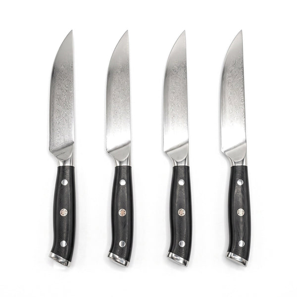 4-Piece Damascus Steak Knife Set | Black Pakkawood, side profile on white