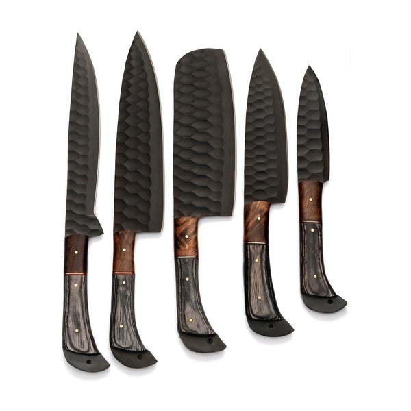 5-Piece Carbon Steel Kitchen Knife Set | Hardwood, side profile on white