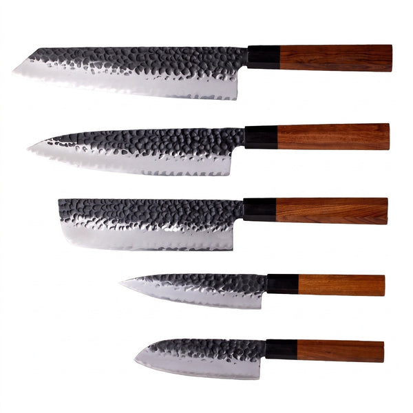 5-Piece Carbon Steel Kitchen Knife Set | Rosewood, side profile on white