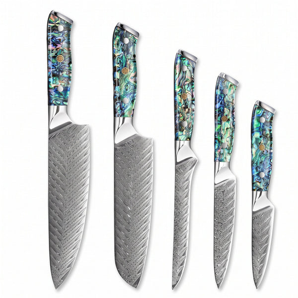5-Piece Damascus Kitchen Knife Set | Mother of Pearl, side profile on white