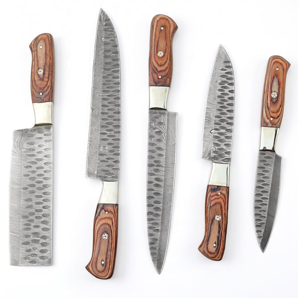 5-Piece Damascus Kitchen Knife Set | Brown Pakkawood, side profile on white, every piece