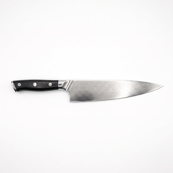8" Damascus Chef Knife | Black Resin, side profile on white