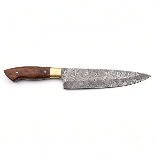 8" Damascus Chef Knife | Rosewood & Brass, side profile on white
