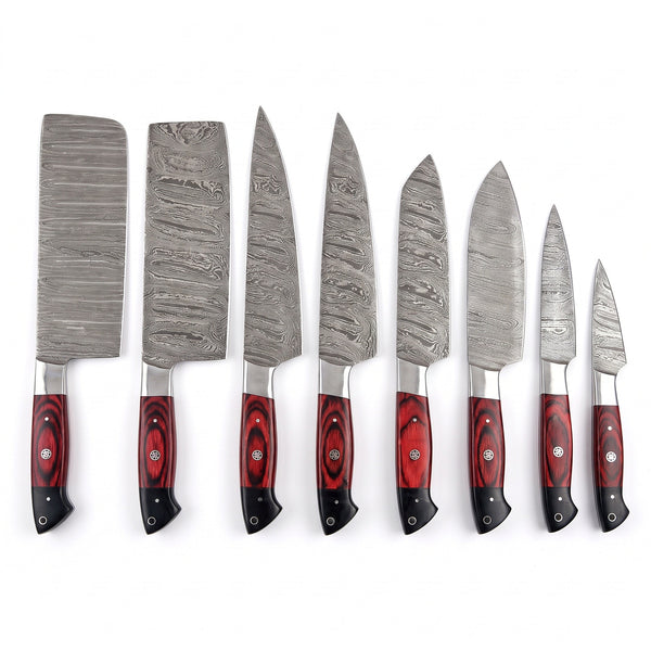 8-Piece Damascus Kitchen Knife Set | Red & Black Pakka, side profile on white, every piece