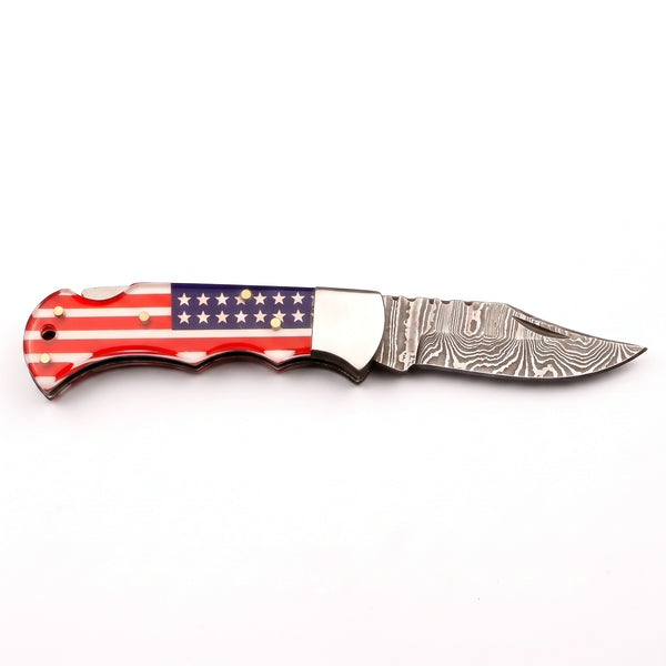 Creek 6.8" Damascus Pocket Knife | Flag Resin, side profile on white