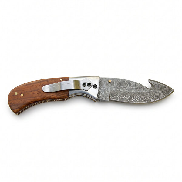 Creek 7.5" Damascus Pocket Knife | Rosewood, side profile on white