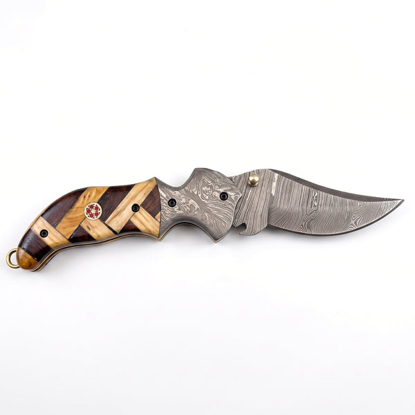 Creek 7" Damascus Clip Point Pocket Knife | Olive Wood, side profile on white