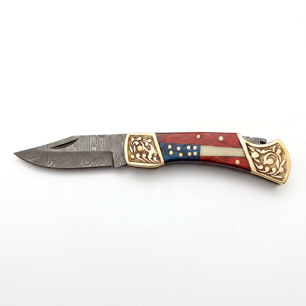 Creek 7" Damascus Pocket Knife | Bone, side profile on white