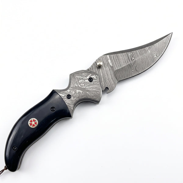 Creek 7" Damascus Pocket Knife | Buffalo Horn, side profile on white