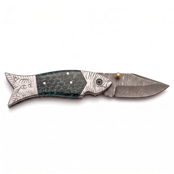 Creek 7.5" Damascus Pocket Knife | Green Resin, side profile on white