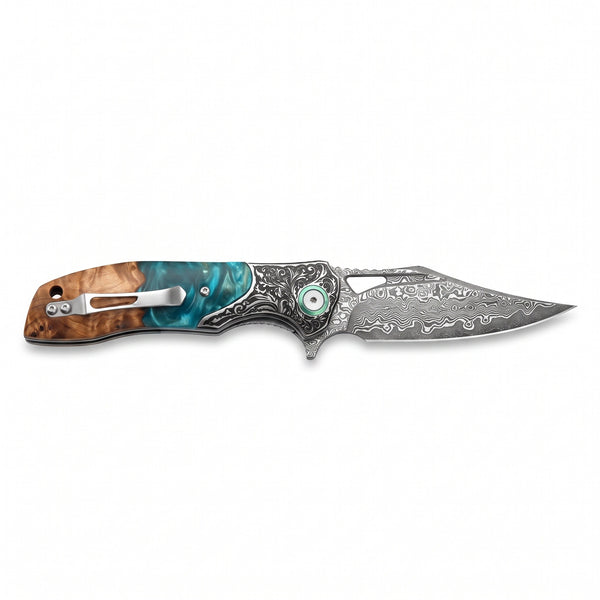 Creek 8.5" Damascus Pocket Knife | Resin & Turquoise, side profile on white
