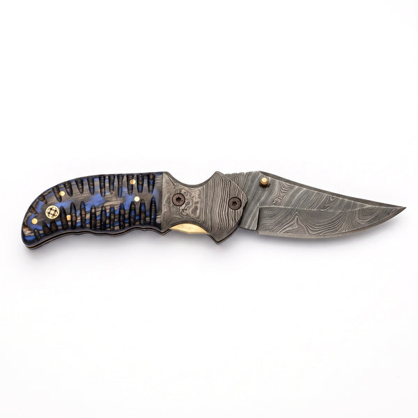 Creek 8.5" Damascus Pocket Knife | Hardwood, side profile on white