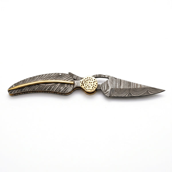 Creek 9" Damascus Pocket Knife | Brass, side profile on white
