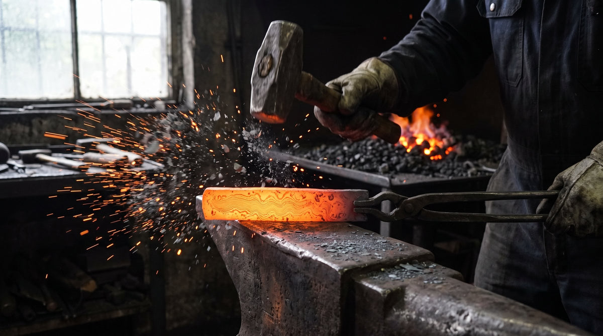 A glowing bar of layered Damascus steel on the anvil under the hammer, sparks flying