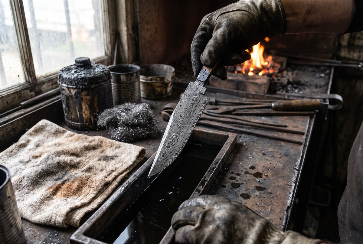 A Damascus blade lifted from the etch, its layered pattern revealed