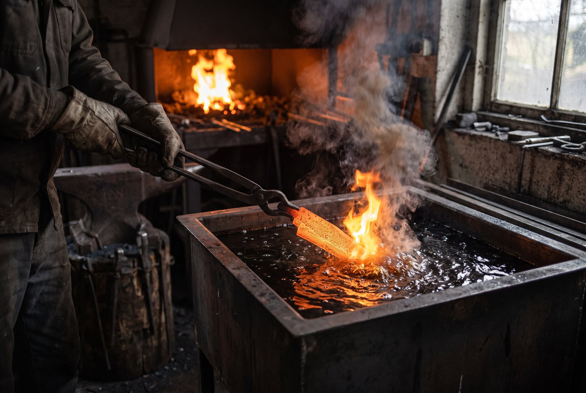 A hot blade quenched in oil, flame rising from the tank