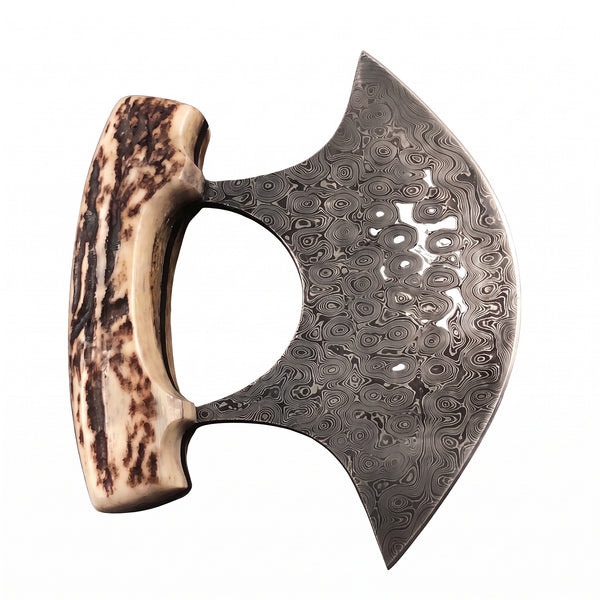 Damascus Ulu Knife | Stag, side profile on white
