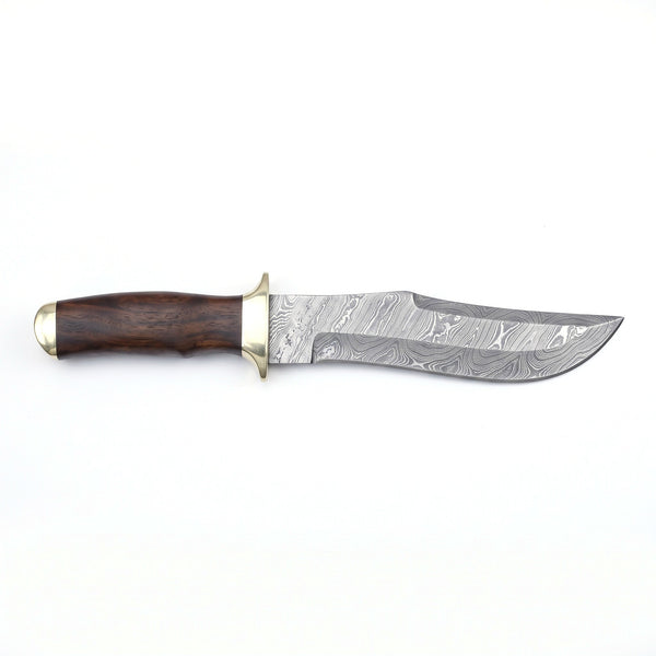 Highline 13.5" Damascus Bowie Knife | Walnut & Brass, side profile on white