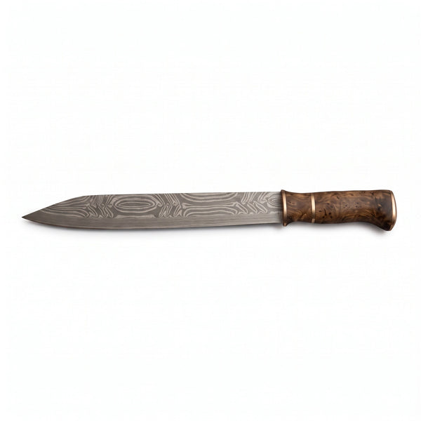 Highline 16" Damascus Seax Knife | Hardwood & Brass, side profile on white