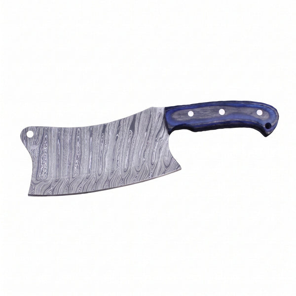 Hollow 10" Damascus Serbian Chef Knife | Blue Pakkawood, side profile on white