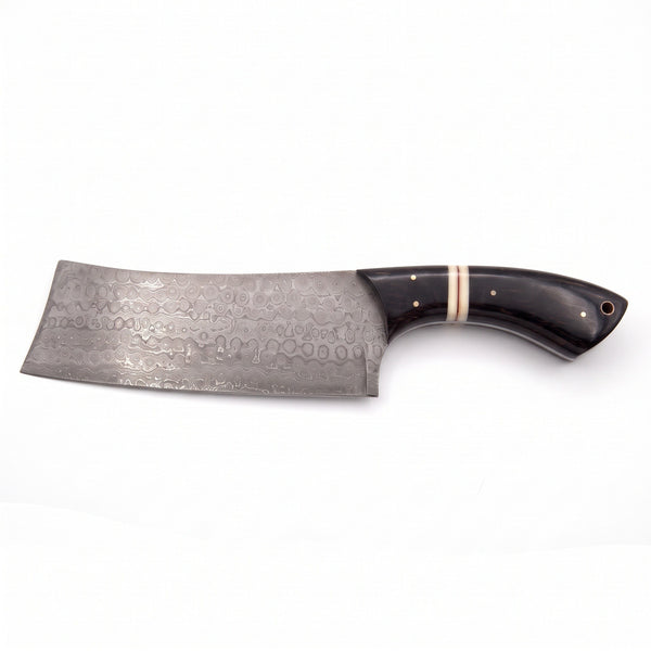 Hollow 12.5" Damascus Cleaver | Black Horn, side profile on white