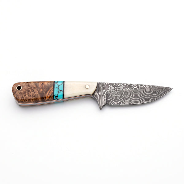 Ranch 7" Damascus Cowboy Knife | Bone & Turquoise, side profile on white