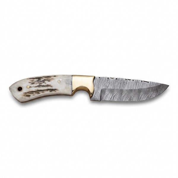 Ranch 8.5" Damascus Cowboy Knife | Stag, side profile on white