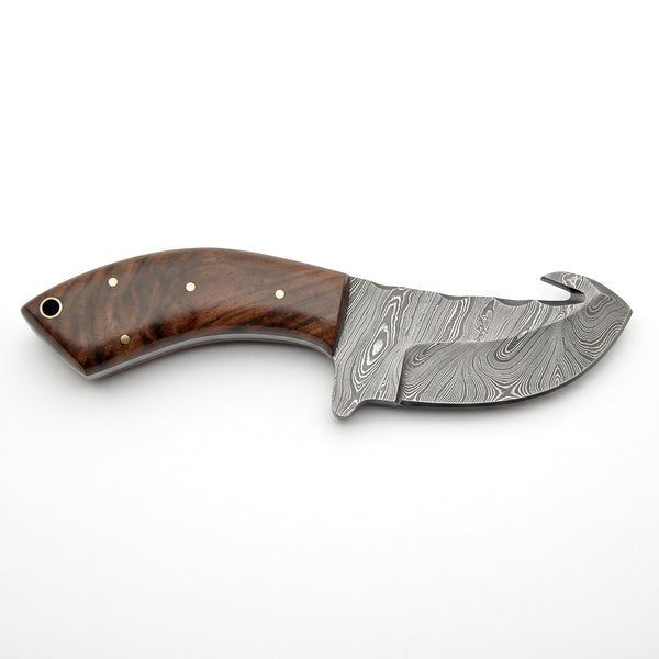 Ridgeback 7" Damascus Gut Hook Knife | Walnut, side profile on white