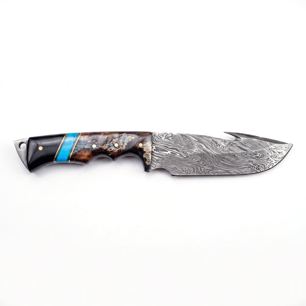 Ridgeback 8.7" Damascus Gut Hook Knife | Horn & Turquoise, side profile on white