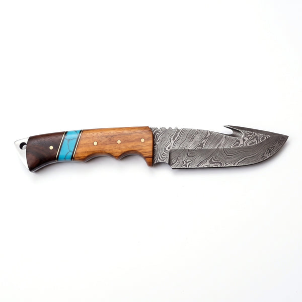 Ridgeback 8.7" Damascus Gut Hook Knife | Resin, side profile on white