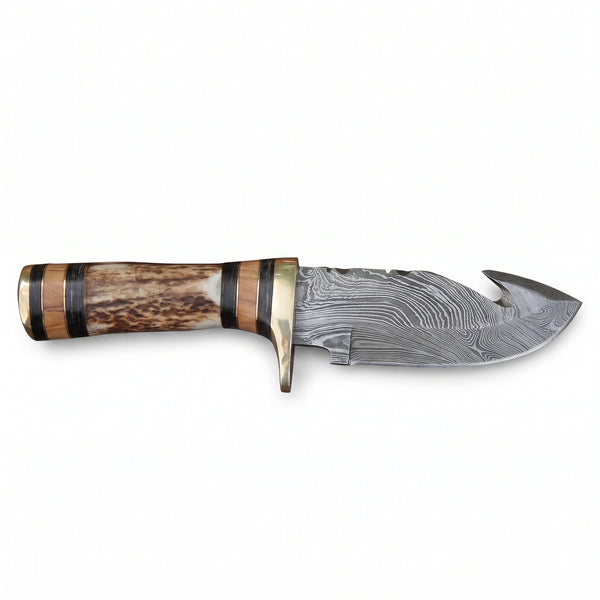 Ridgeback 8" Damascus Gut Hook Knife | Stag, side profile on white