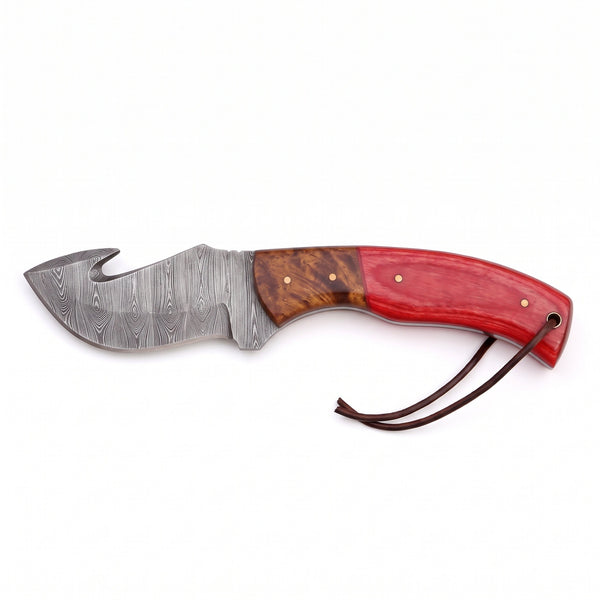 Ridgeback 9" Damascus Gut Hook Knife | Pakkawood, side profile on white