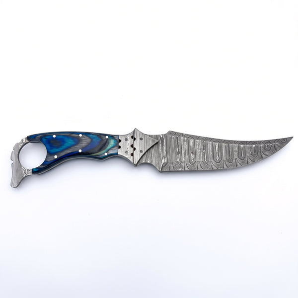 Trailhead 11" Damascus Skinning Knife | Dyed Wood, side profile on white