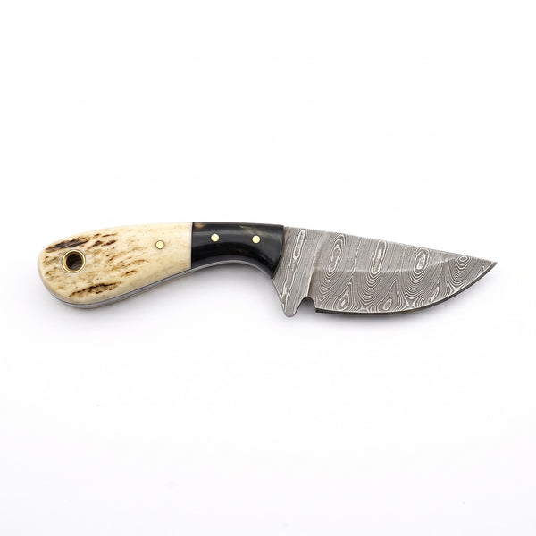 Trailhead 5.5" Damascus Neck Knife | Stag, side profile on white