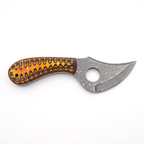 Trailhead 8" Damascus Skinning Knife | Stabilized Wood, side profile on white