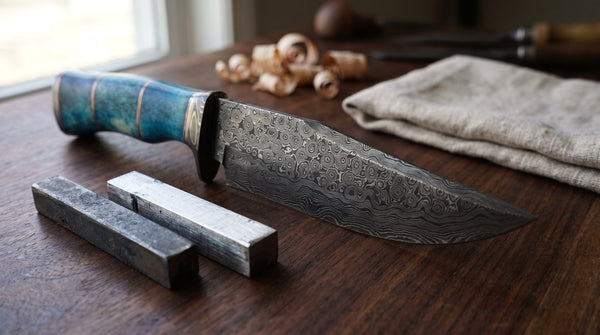 Damascus hunting knife with a blue stabilized wood handle beside a dark and a bright steel bar on a walnut bench