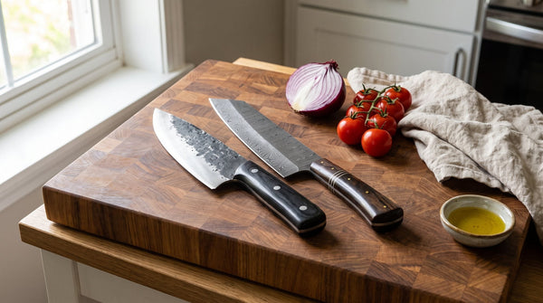 A forged carbon steel chef knife beside a Damascus chef knife on an end-grain cutting board