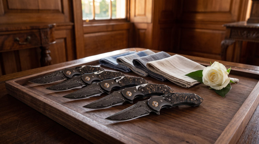 A Damascus pocket knife with a burl handle and a leather belt slip laid on a wooden table beside a boutonniere.