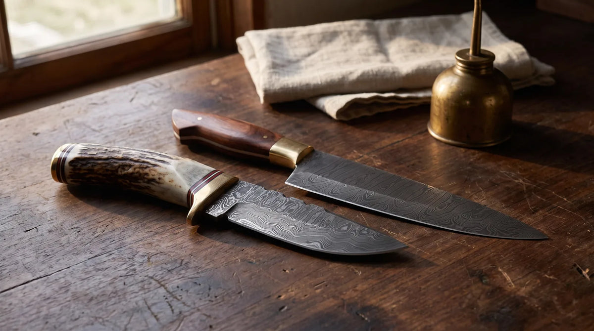 A stag-handled Damascus hunting knife and a rosewood Damascus chef knife on an oiled walnut workbench