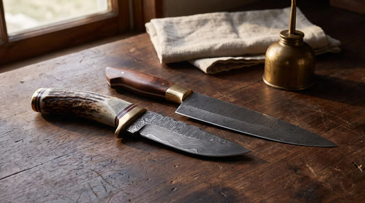 A stag-handled Damascus hunting knife and a rosewood Damascus chef knife on an oiled walnut workbench
