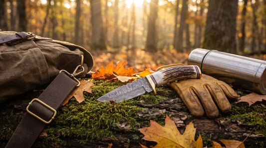 A good hunting knife: a Damascus drop point with a stag handle on a mossy log beside leather gloves