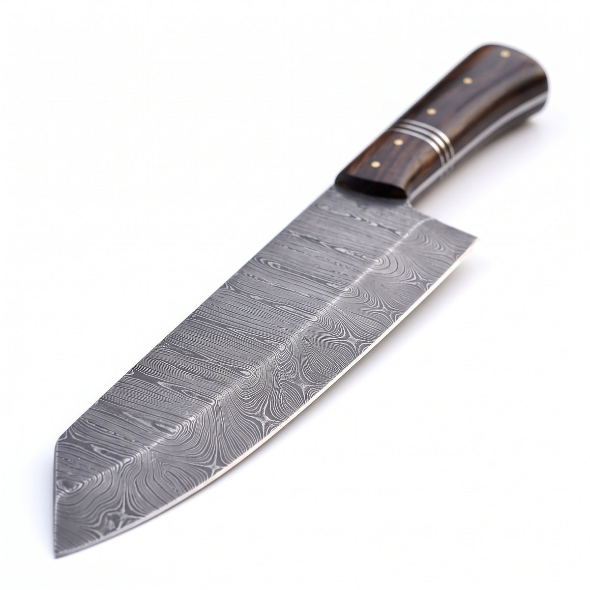 9.75" Damascus Chef Knife | Hardwood & Brass, Damascus blade close-up