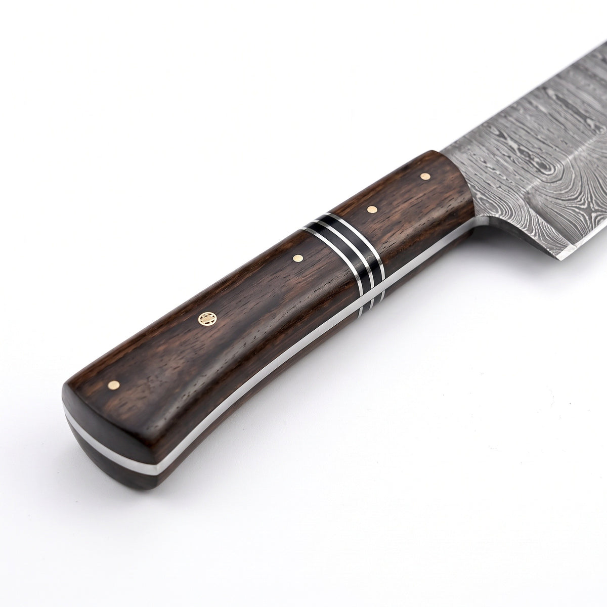 9.75" Damascus Chef Knife | Hardwood & Brass, handle and fittings close-up
